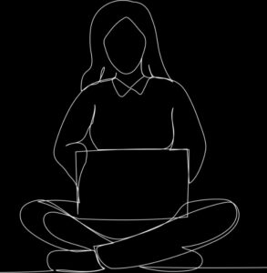 line drawing of female sitting with laptop