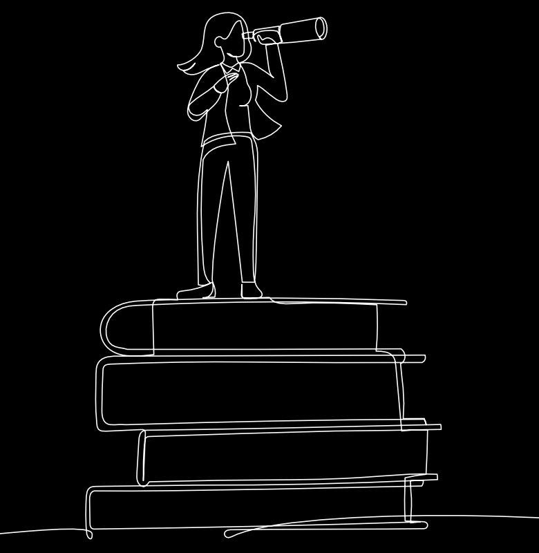 Line Drawing Female standing on stack of books looking through a telescope